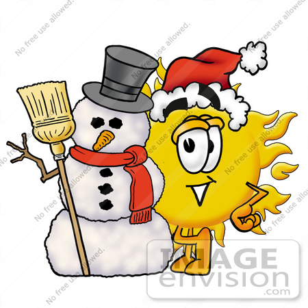 25260-clip-art-graphic-of-a-yellow-sun-cartoon-character-with-a-snowman-on-christmas-by-toons4biz